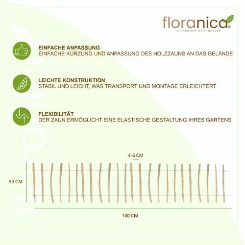 Floranica Staketenzaun Haselnuss Gartenzaun | 1 lfm | Höhe 50 cm | Lattenabstand 4-6 cm